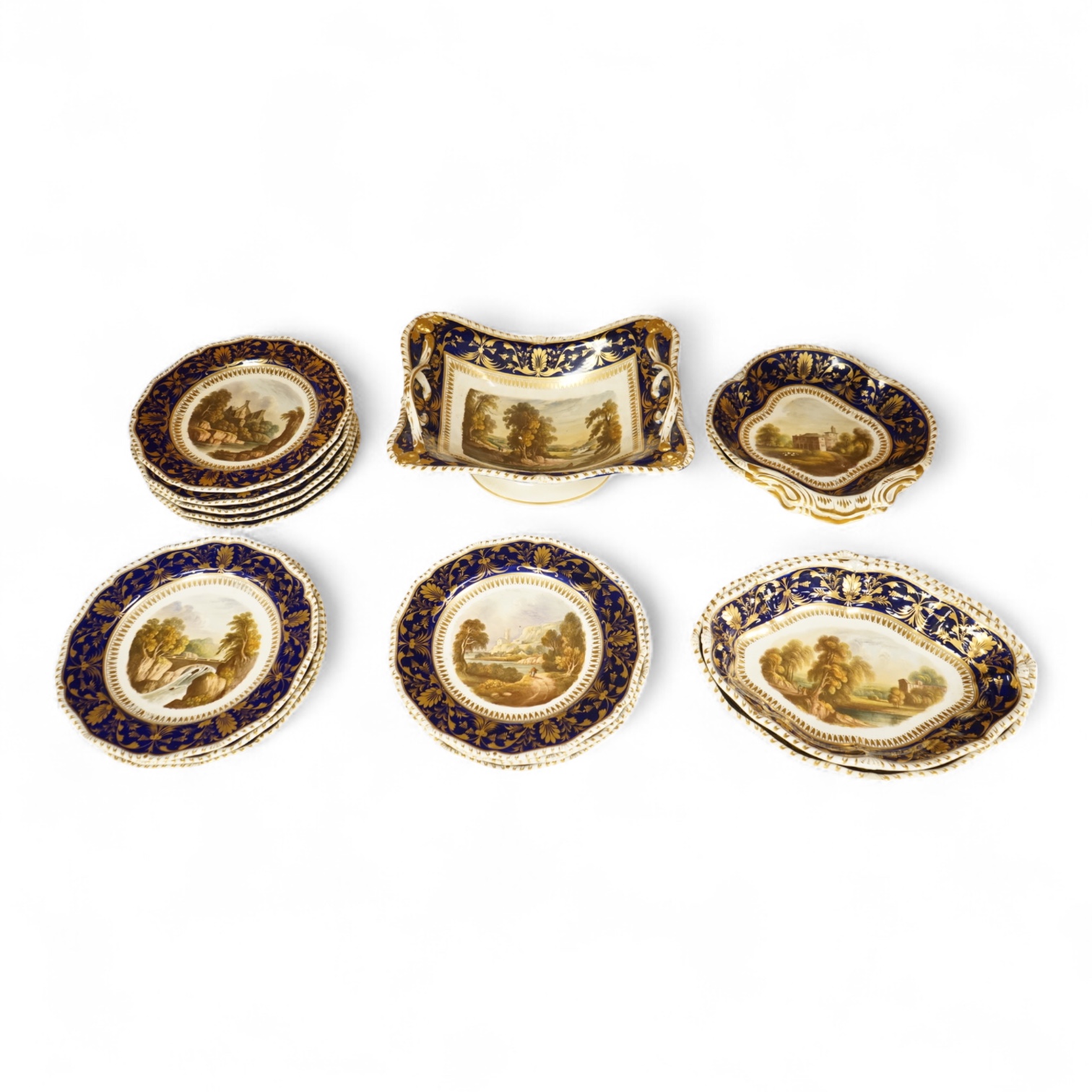 A Bloor Derby titled view part dessert service, c.1820 to include View on the Wye and View in Yorkshire, largest 29cm wide (16)